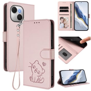 Чехол-книжка Escase с рельефным котом и ремешком на Tecno Spark 40C — розовый