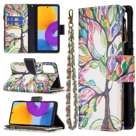 Чехол-кошелек Colored Drawing Pattern Zipper для Samsung Galaxy M52 5G - Tree