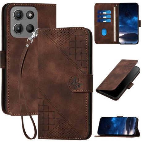 Чехол-книжка Grid Stitching Leather Phone Case with Lanyard для для Motorola Moto G15 - кофейный