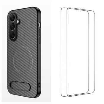 Магнитный чехол-подставка Wanlonfeng с текстурой карбона и 2 плёнками на Samsung Galaxy A27 5G — серый