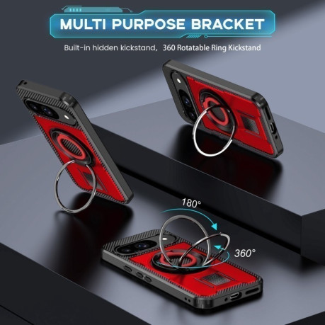 Противоударный чехол Ring Holder Carbon Fiber PC Hybrid TPU для Google Pixel 9 / 9 Pro - красный