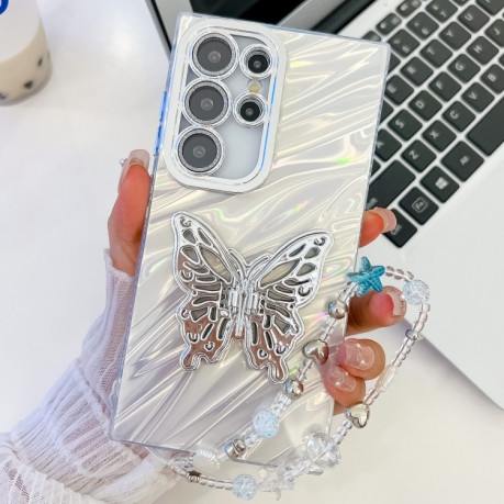 Протиударний чохол Plating Glitter Lens Film Texture Butterfly Holder Wristband  для Samsung Galaxy S25 Ultra 5G - White Water Ripples