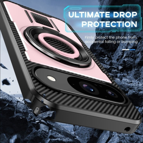 Противоударный чехол Ring Holder Carbon Fiber PC Hybrid TPU для Google Pixel 9 / 9 Pro - розовое золото