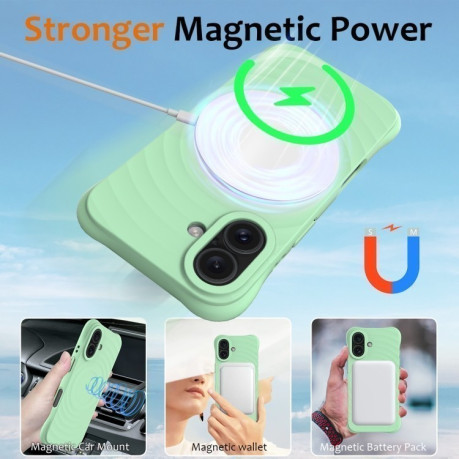 Противоударный чехол Wave Texture MagSafe Magnetic Liquid Silicone для iPhone 16 Plus - зеленый