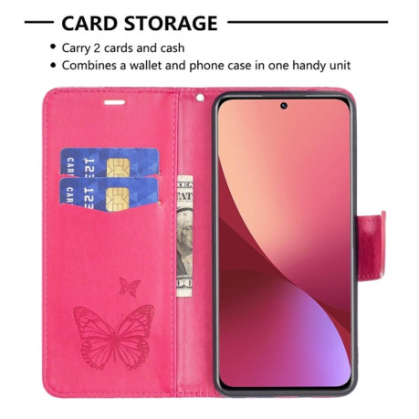 Чехол-книжка Butterflies Pattern на Xiaomi Mi 12 - пурпурно-красный