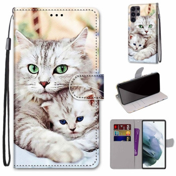 Чехол-книжка Coloured Drawing Cross для Samsung Galaxy S22 Ultra 5G - Big Cat Hugging Kitten