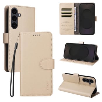 Чохол-книжка ENKAY RFID Blocking Wallet Kickstand з фактурою Litchi та магнітним хлястиком на Samsung Galaxy S25 FE 5G - бежевий