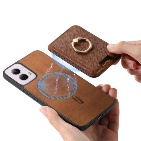 Чехол Retro Cross Leather Ring Vertical Insert Card Bag MagSafe для Motorola Moto G35 5G - коричневый