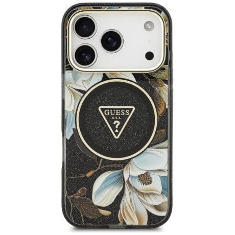 Оригинальный чехол Guess IML Glitter Flowers Triangle с MagSafe на iPhone 17 Pro - black