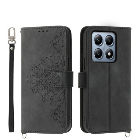 Чехол-книжка Skin-feel Flowers Embossed для Xiaomi 14T Pro - черный