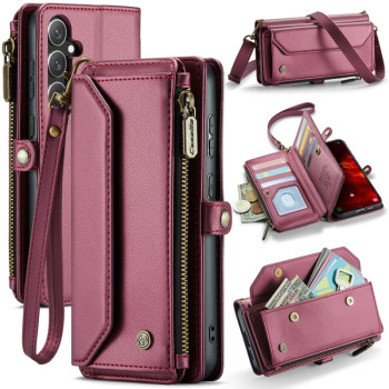 Чохол-книжка CaseMe C36 Card Slots Zipper Wallet RFID Anti-theft Leather для Samsung Galaxy S24 FE 5G - червоний