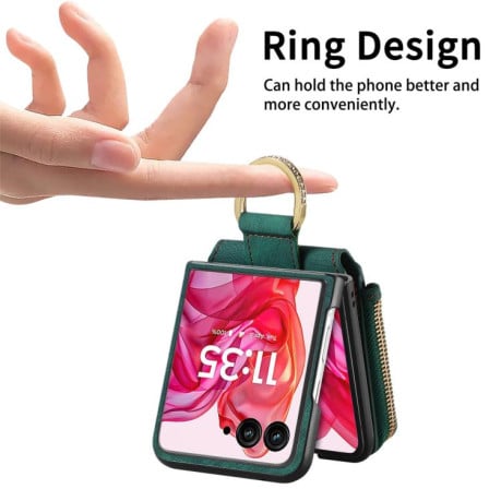 Чохол Cross Leather Ring Vertical Zipper Wallet для Motorola Razr 60 Ultra - зелений