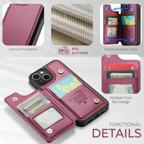 Чохол CaseMe C22 Card Slots Holder RFID Anti-theft для iPhone 15 Plus - винно-червоний
