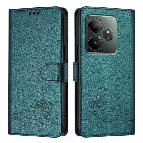 Чохол-книжка Cat Embossing Pattern на Realme GT 6T 5G Global - Peacock Green