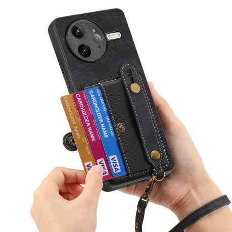 Противоударный чехол Retro Cross Wristband Wallet Leather для Xiaomi Poco F7 Ultra - черный