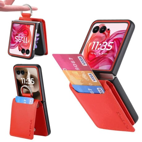 Противоударный чехол Litchi Texture Leather Ring Wallet  на Motorola Razr 60 Ultra - оранжевый