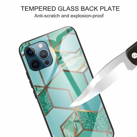 Противоударный стеклянный чехол Marble Pattern Glass на iPhone 13 Pro Max - Rhombus Green