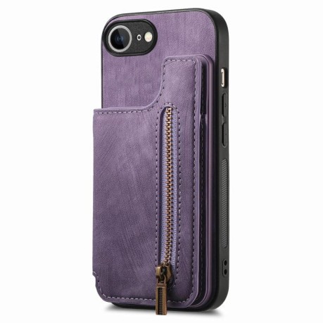 Противоударный чехол Retro Painted Zipper Wallet для iPhone 16e - фиолетовый