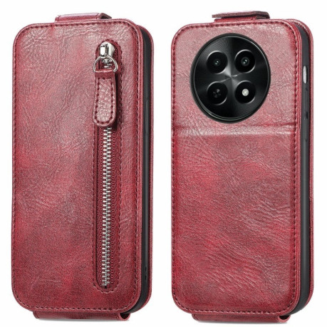 Чехол Cross Leather Ring Vertical Zipper Wallet для Realme 12 - красный