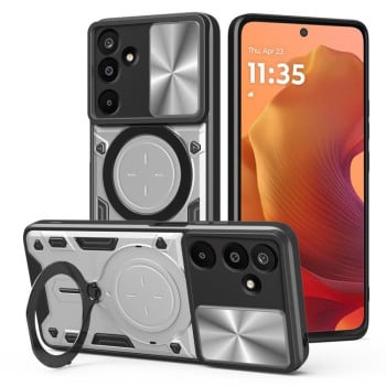 Чохол із шторкою камери CD фактурою та підставкою на Samsung Galaxy M16 5G - сріблястий