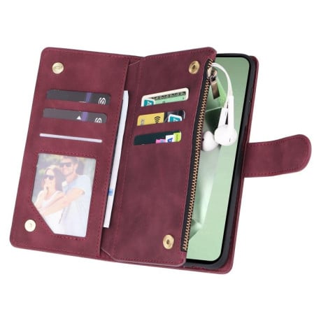 Чехол-книжка Multifunctional Frosted Zipper Wallet с матовой фактурой и ремешком на Samsung Galaxy S25 FE 5G - винно-красный