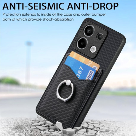 Противоударный чехол Carbon Fiber Card Wallet Ring Holder для Xiaomi Redmi Note 13 Pro+ 5G - черный