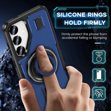 Противоударный чехол Ring Holder Carbon Fiber PC Hybrid TPU для Samsung Galaxy S25+ 5G - синий