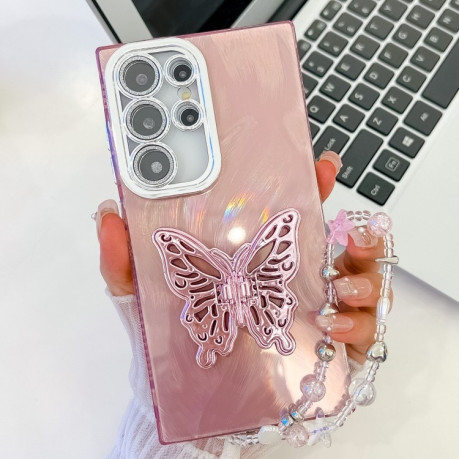 Противоударный чехол Plating Glitter Lens Film Texture Butterfly Holder Wristband для Samsung Galaxy S25 Ultra 5G - Pink Feather Yarn