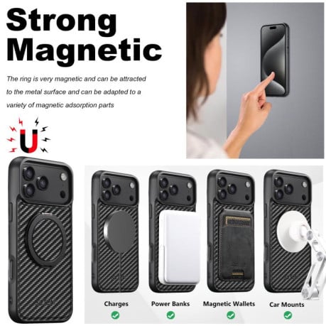 Противоударный чехол Suteni G3 Carbon Fiber с подставкой 360 и MagSafe на iPhone 17 Pro - черный