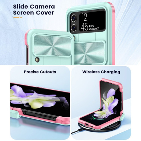 Противоударный чехол 360 Full Body Sliding Camshield для Samsung Galaxy Flip4 - розово-зеленый