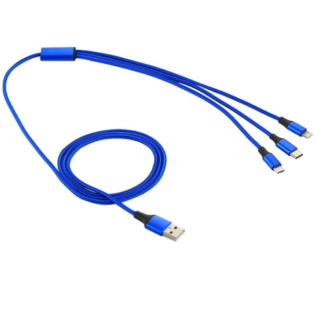 Універсальний зарядний кабель 2A 1.2m 3 in 1 USB to 8 Pin &amp; USB-C / Type-C &amp; Micro Nylon Weave Charging Cable - синій