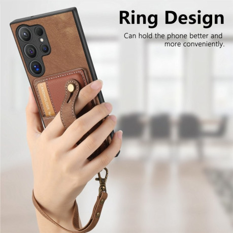 Противоударный чехол Retro Cross Wristband Wallet Leather для Samsung Galaxy S24 Ultra 5G - коричневый