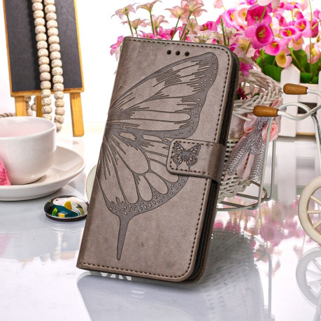 Чехол-книжка Embossed Butterfly для Samsung Galaxy S22 Ultra 5G - серый