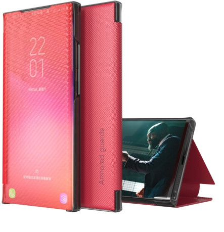Чехол-книжка Carbon Fiber Texture View Time для Samsung Galaxy S21 FE - красный