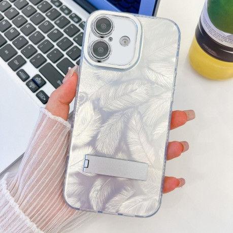 Протиударний чохол Plating Glitter Texture Fold Holder TPU with Lens Film для iPhone 16 Plus - White Feathers