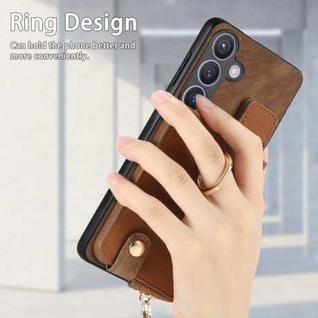 Чехол Cross Leather Ring Vertical Zipper Wallet для Samsung Galaxy S24 5G - коричневый