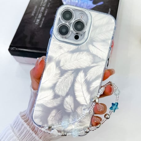 Чохол протиударний Plating Glitter Texture Chain для iPhone 16 Pro - White Feathers