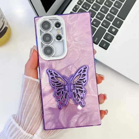 Противоударный чехол Plating Glitter Texture Butterfly Holder TPU для Samsung Galaxy S24 FE 5G - Purple Feathers