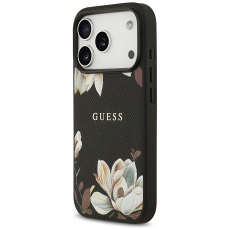 Оригинальный чехол Guess Grained Flowers Classic Logo с MagSafe на iPhone 17 Pro - black