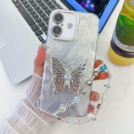 Протиударний чохол Plating Glitter Lens Film Texture Butterfly Holder Wristband для iPhone 16 Plus - White Feather Yarn