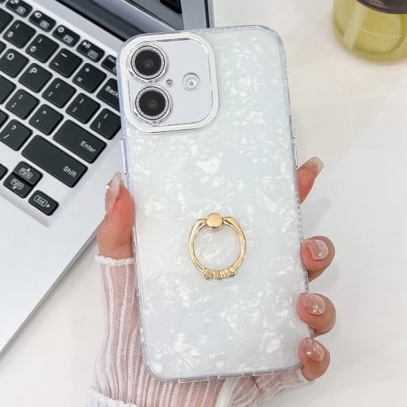 Противоударный чехол Plating Glitter Texture Ring Holder для iPhone 16 - White Shell Grain