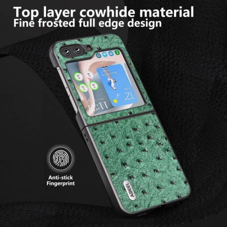 Противоударный кожаный чехол ABEEL Genuine Leather Ostrich Texture для Samsung Galaxy Flip 5 - зелёный