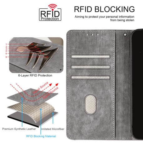 Чохол-книжка Color Stitching Skin Feel із захистом від сканування RFID і магнітним хлястиком для OPPO Reno14 F 5G — сірий