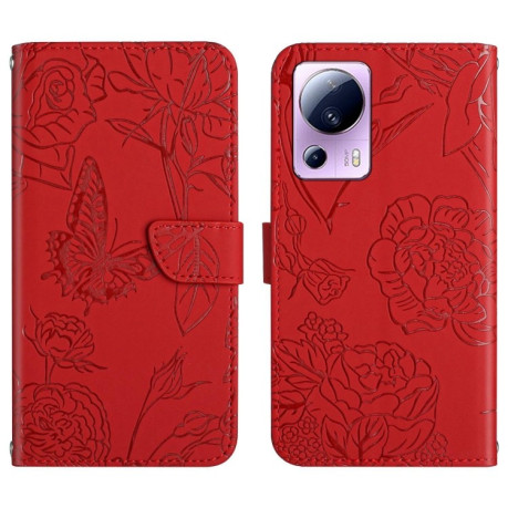 Чохол-книжка Skin Feel Butterfly Embossed для Xiaomi 13 Lite - червоний