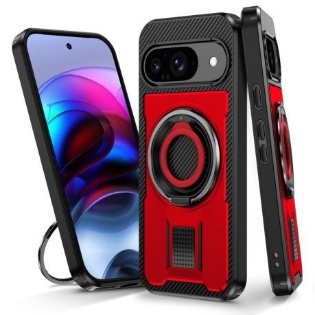 Противоударный чехол Ring Holder Carbon Fiber PC Hybrid TPU для Google Pixel 9 / 9 Pro - красный