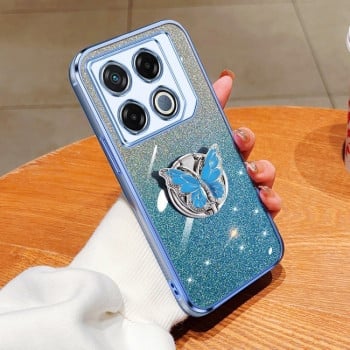 Противоударный чехол Plated Gradient Glitter Butterfly Holder для Infinix GT 20 Pro - голубой