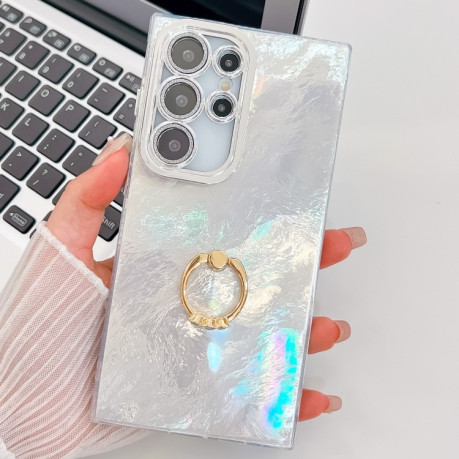 Протиударний чохол Plating Glitter Texture Ring Holder  для Samsung Galaxy S25 Ultra 5G - White Tinfoil Texture