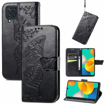 Чехол-книжка Butterfly Love Flowers Embossing на Samsung Galaxy M32/A22 4G - черный