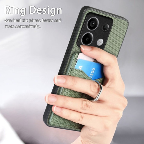 Противоударный чехол Carbon Fiber Card Wallet Ring Holder для Xiaomi Redmi Note 13 Pro+ 5G - зеленый