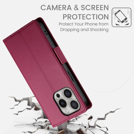 Чехол-книжка Side Buckle Magnetic Frosted Leather для iPhone 16 Pro - винно-красный